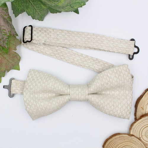 Handmade White Beige Linen Men's Pre-Tied Bow Tie