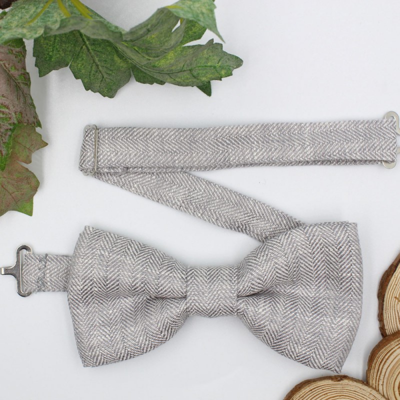 Handmade Gray Herringbone Linen Men's Pre-Tied Bow Tie