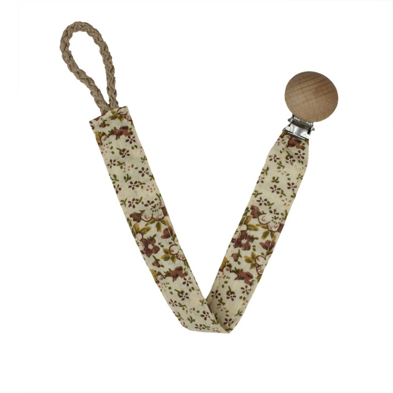 Handmade Beige Floral Pacifier Clip With Wooden Clip