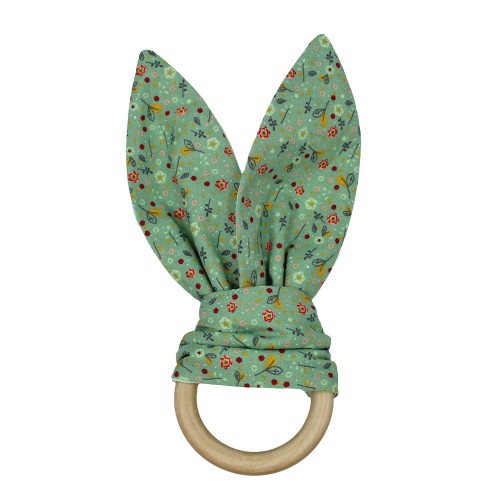 Natural Wood Rings Baby Teething Rings And Rabbit Ears - Green Flower